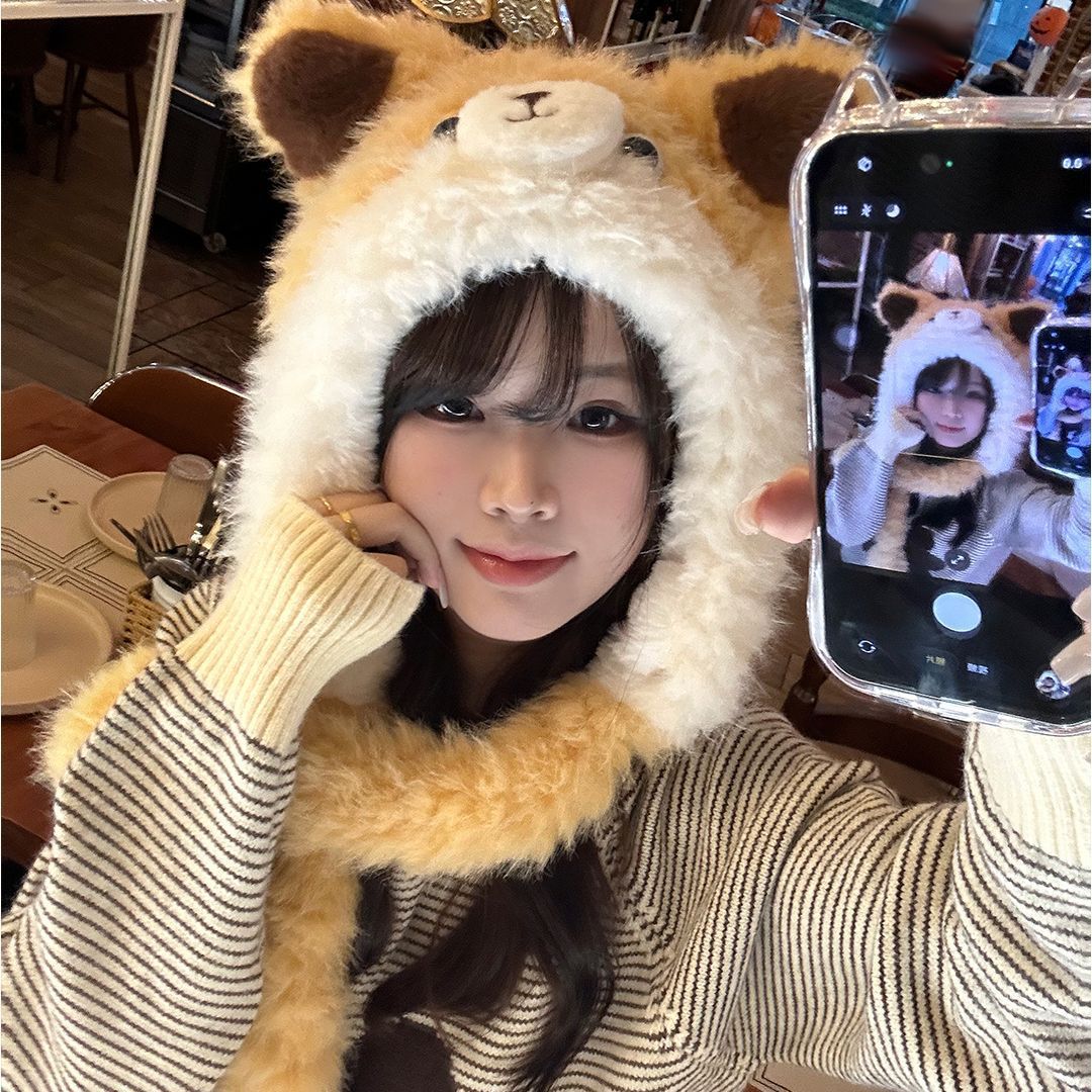 超级可爱黄色小狗毛绒帽女秋冬季防寒保暖大头围百搭毛绒绒护耳帽