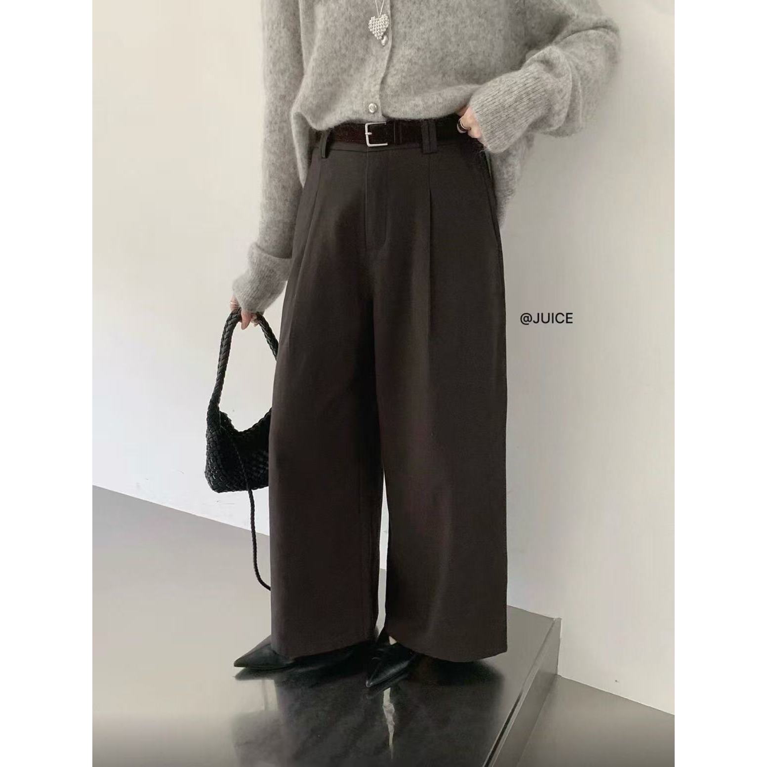 M-H240130（配腰带）〖超百搭〗微褶垂感柔软显瘦加绒休闲裤