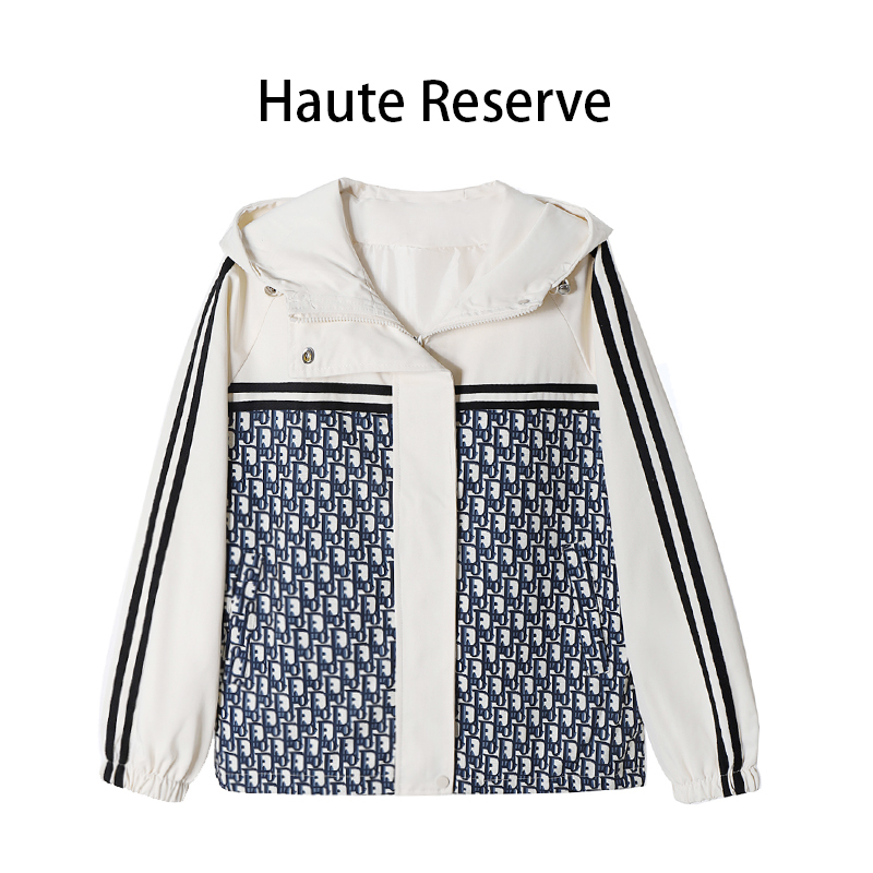 D字母印花拼接连帽冲锋衣抽绳外套