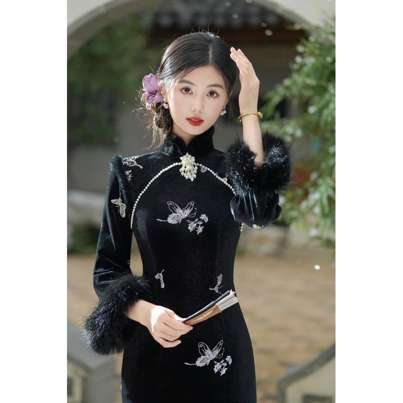 苏故里【黑蝶】新款冬季加绒加厚丝绒刺绣气质女人味显瘦改良旗袍