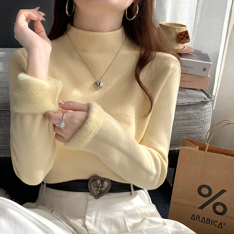 拉夏贝尔一体水貂绒加厚半高领长袖针织打底衫女秋冬内搭中领上衣