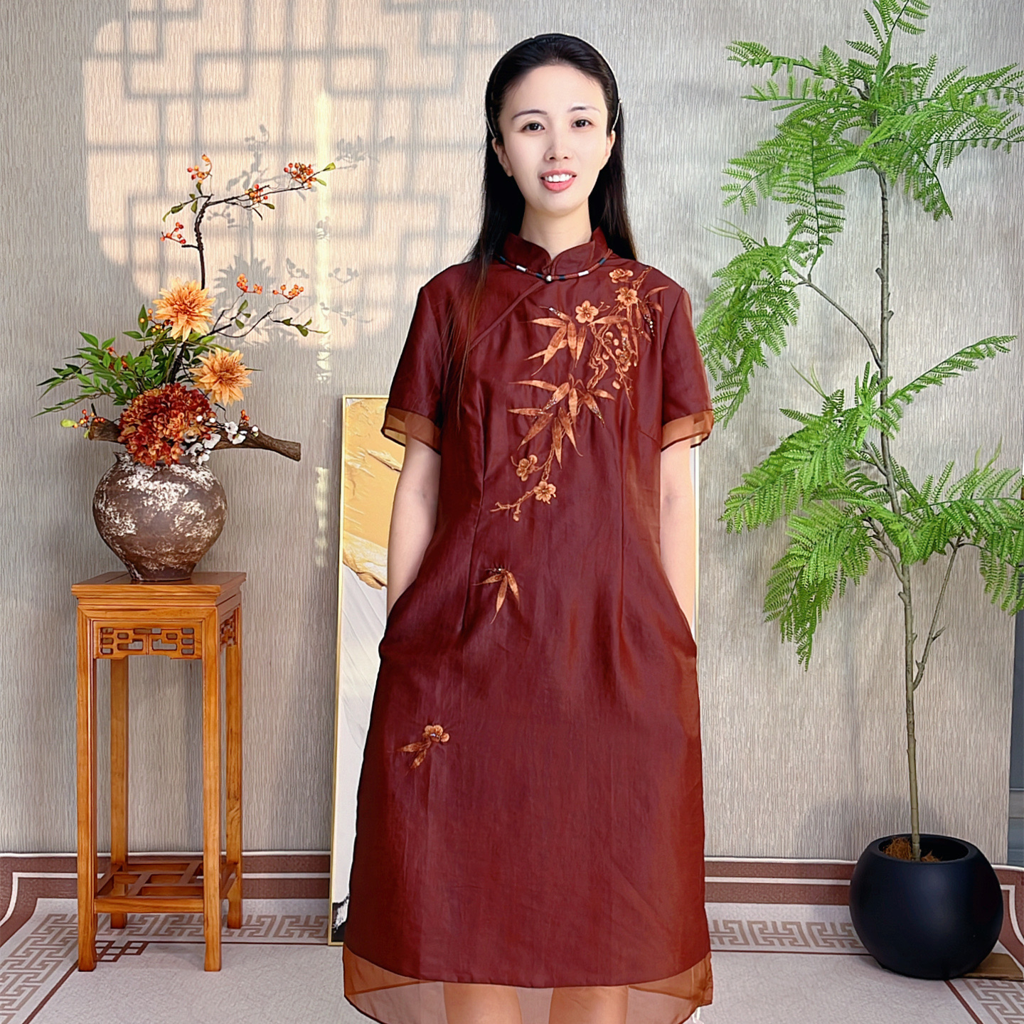 【锦书 】新中式100%桑蚕丝香云纱圆领春夏季宽松高定连衣裙