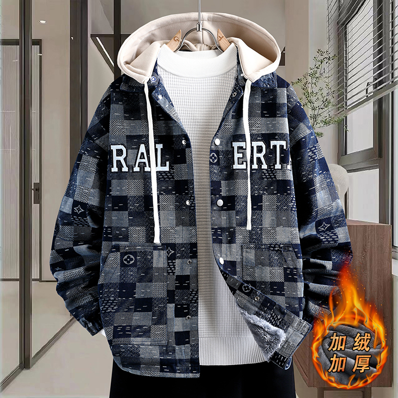 秋冬季青少年字母数字加绒宽松牛仔夹克帅气男潮流百搭休闲