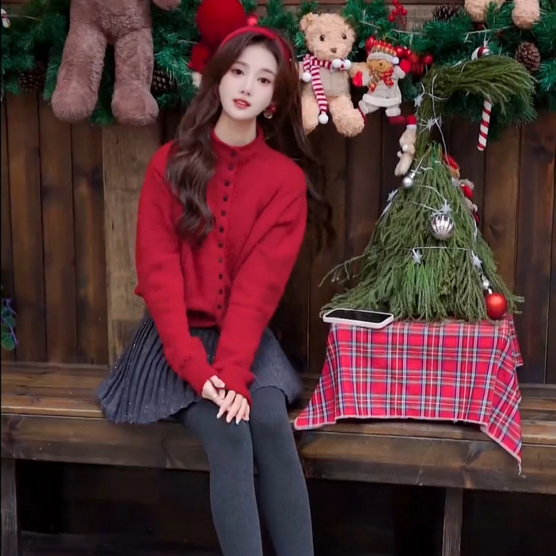 韩系搭配一整套冬装红色高领毛衣细闪半身裙时尚穿搭套装