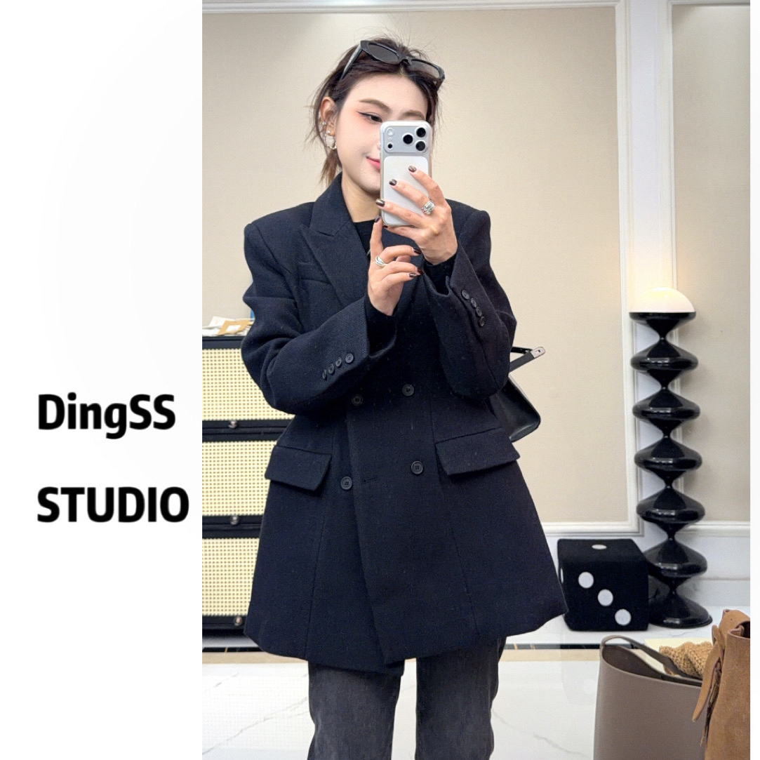 【珊珊推荐】沙漏款 秋冬黑色毛呢西装夹棉显瘦气质双排扣大衣外套