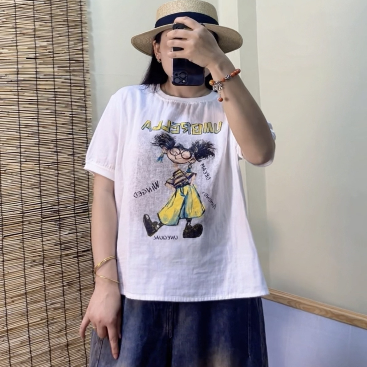 夏季新款卡通印花短袖T恤女舒适宽松百搭婴儿棉纱上衣潮