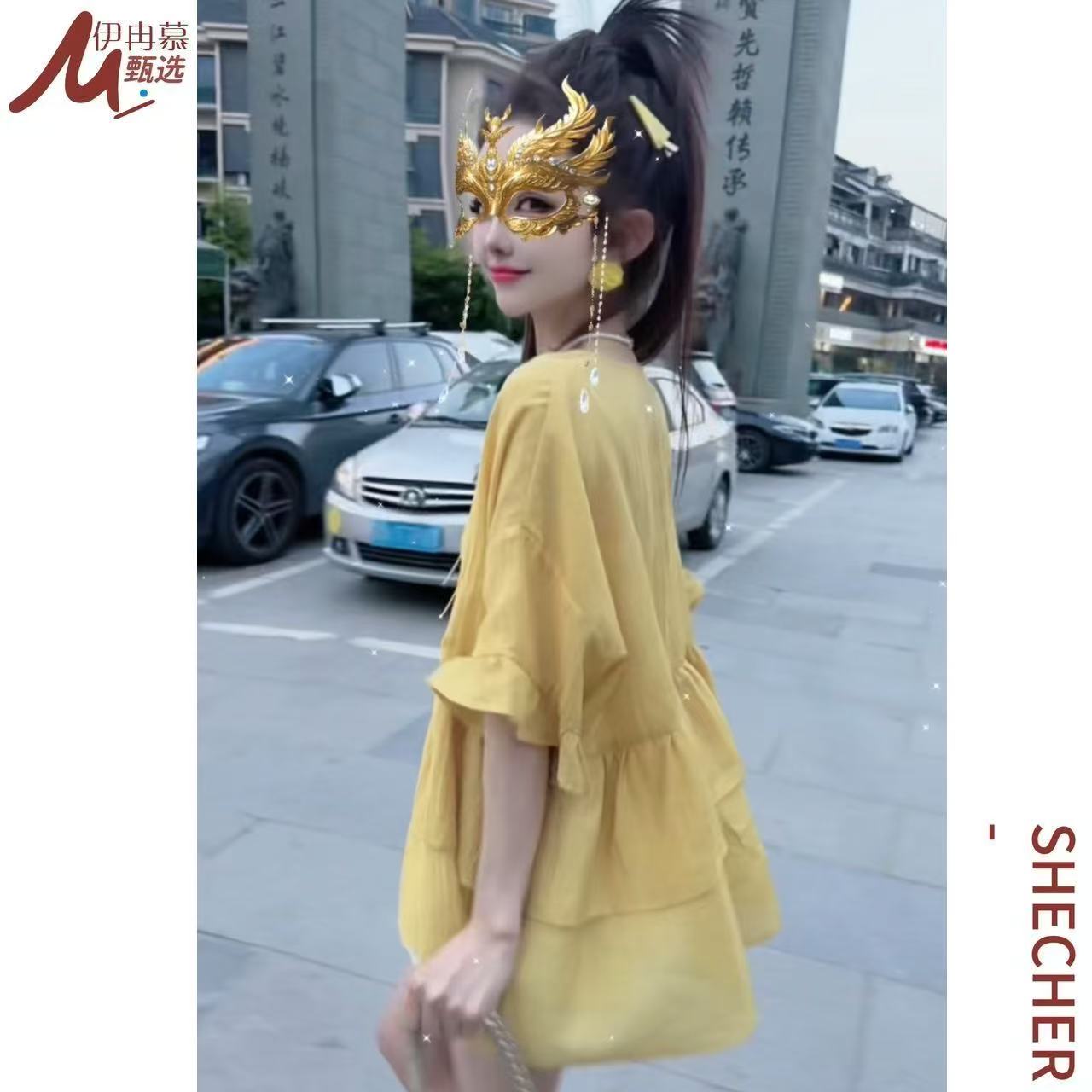 【伊冉慕】圆领宽松型五分袖夏季大码T恤彩色扣子不褪色薄款6037