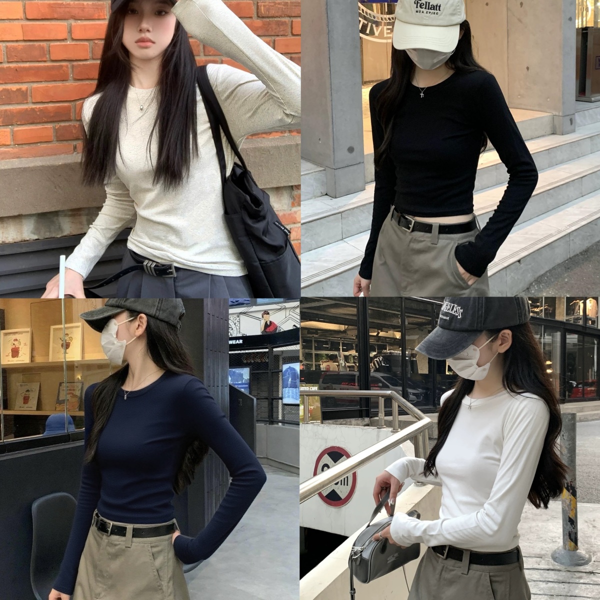 XIAO SISTERS/9397秋款上新正肩圆领长袖打底衫薄款弹力修身上衣