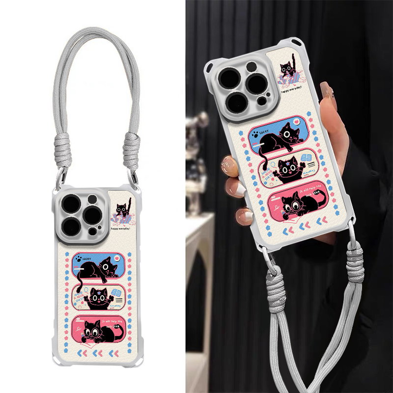 小黑猫四角防摔羊皮壳适用苹果17挂绳vivo可爱oppo华为小米手机壳