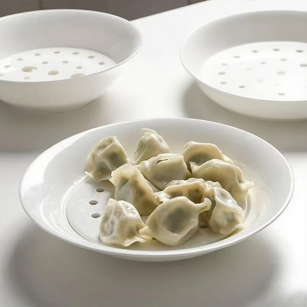 家用骨瓷饺子盘沥水盘陶瓷碟圆形双层盘子纯白高档耐高温饺子盘