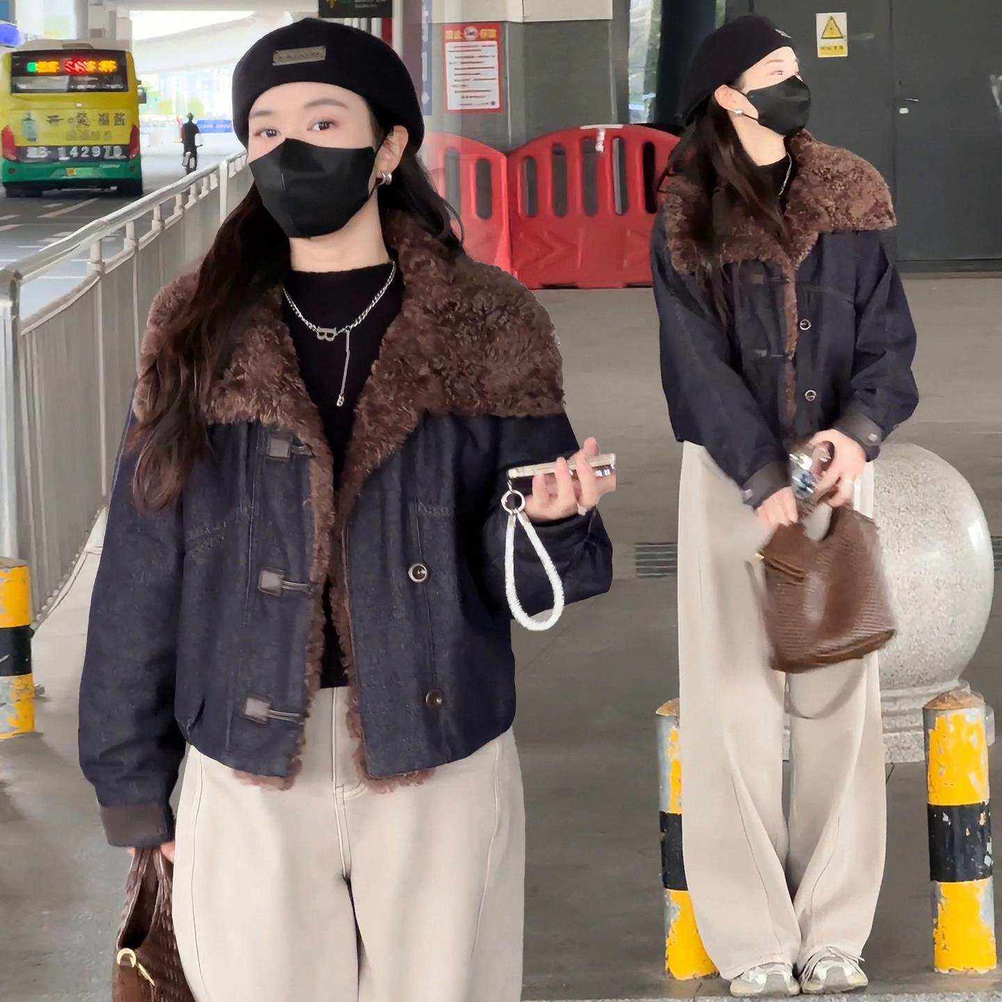 羔毛大翻领牛仔羽绒棉服女2025冬季新款洋气减龄加厚保暖短款外套