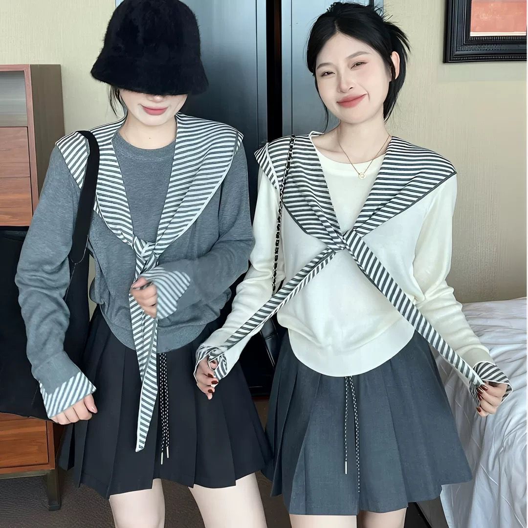 花倾慕韩系学院风条纹披肩长袖针织衫女早秋季显瘦休闲毛衣95519