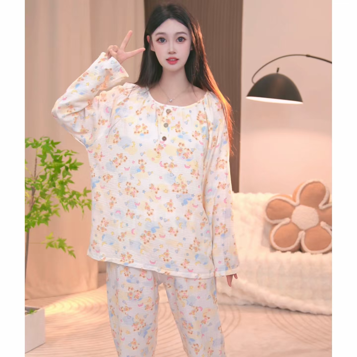 2025春秋季长袖碎花宽松薄款休闲女士睡衣家居服套装AFF