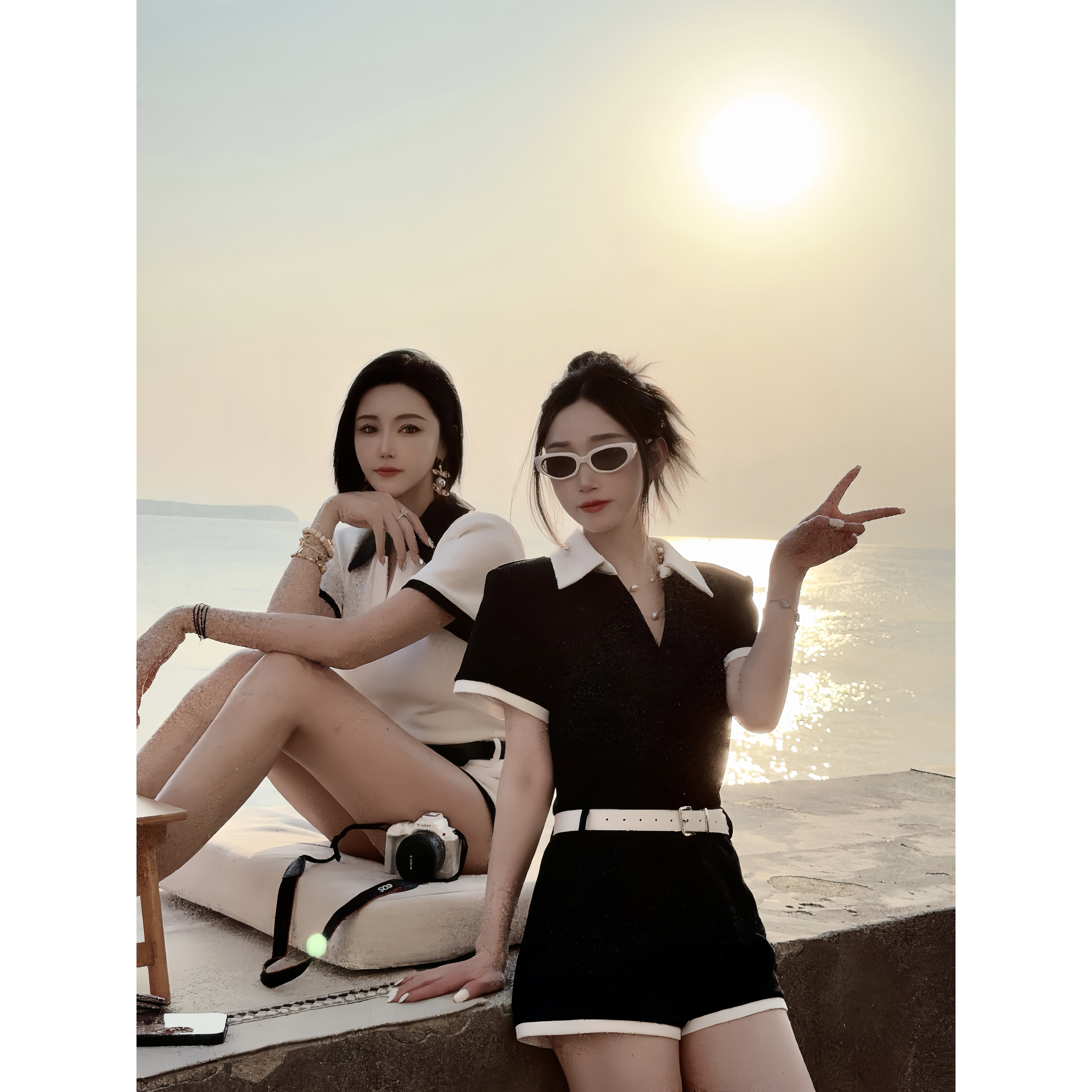 DUOMI【少女公主】黑白两色翻领上衣腰带连体短裤套装TZ13464