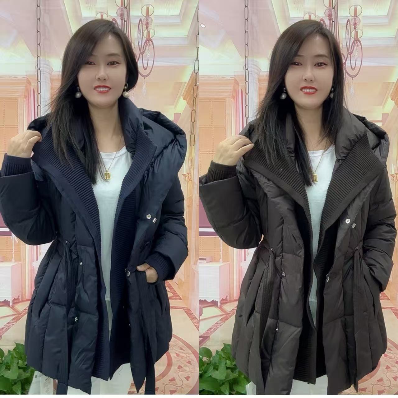 25-19中长款针织拼接腰抽绳高品质羽绒服（衣长74左右）