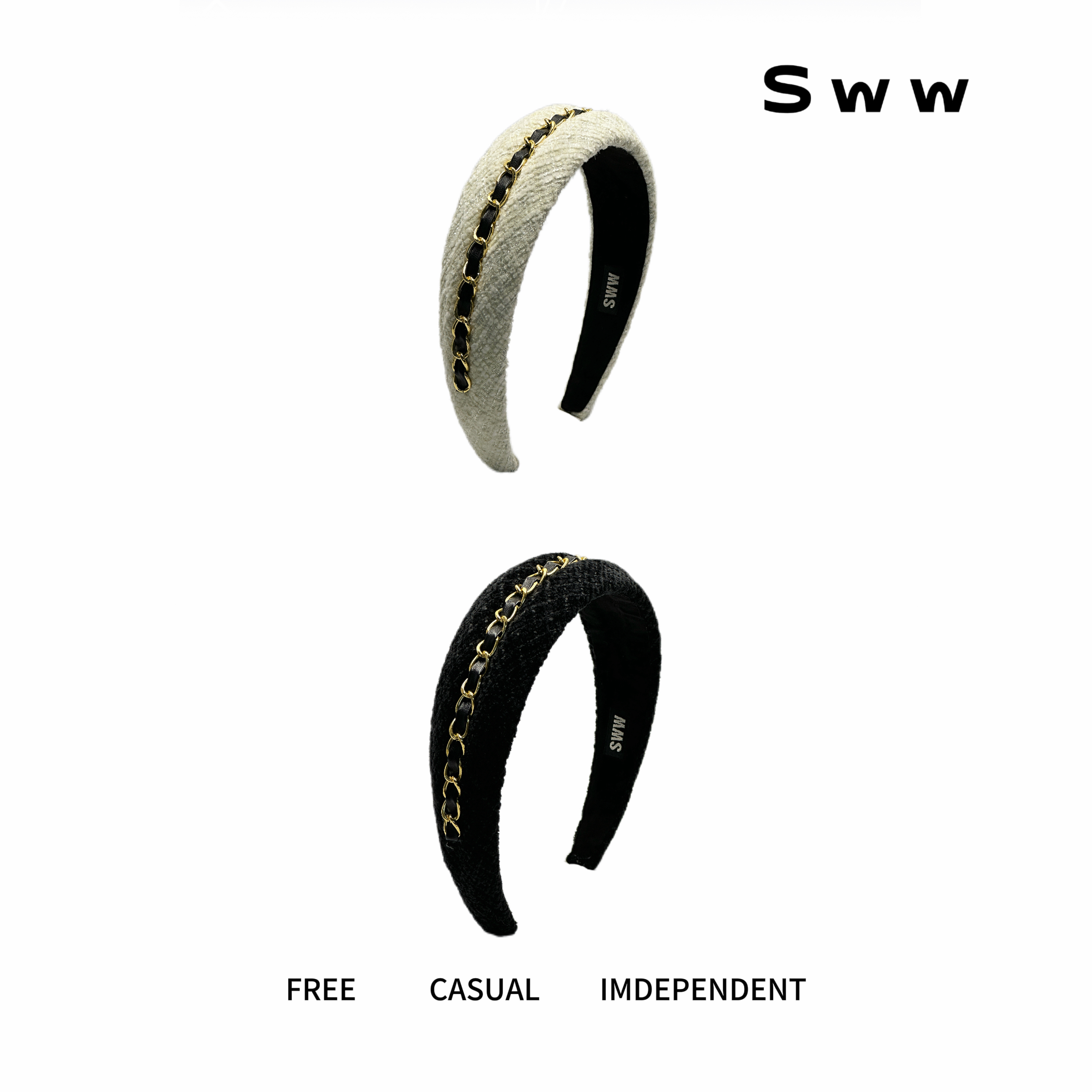 SWW秋冬毛呢拼接链条小香风轻奢高级感网红发箍高颅顶气质发箍