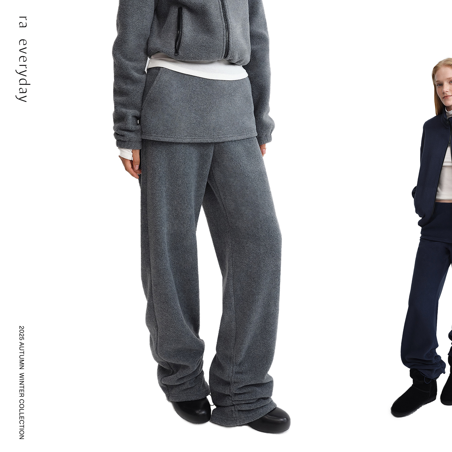 RA everyday“袋鼠"抽绳束脚摇粒绒裙裤 深灰/藏蓝