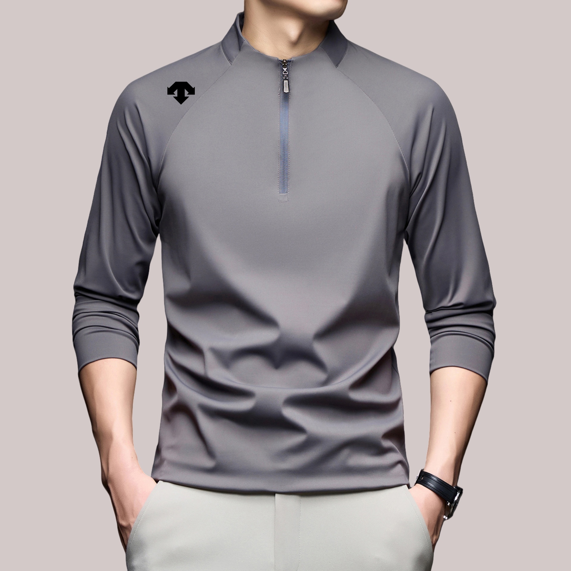 【商场同款】迪桑家秋季纯色插肩袖运动T恤拉链立领弹力时尚打底衫