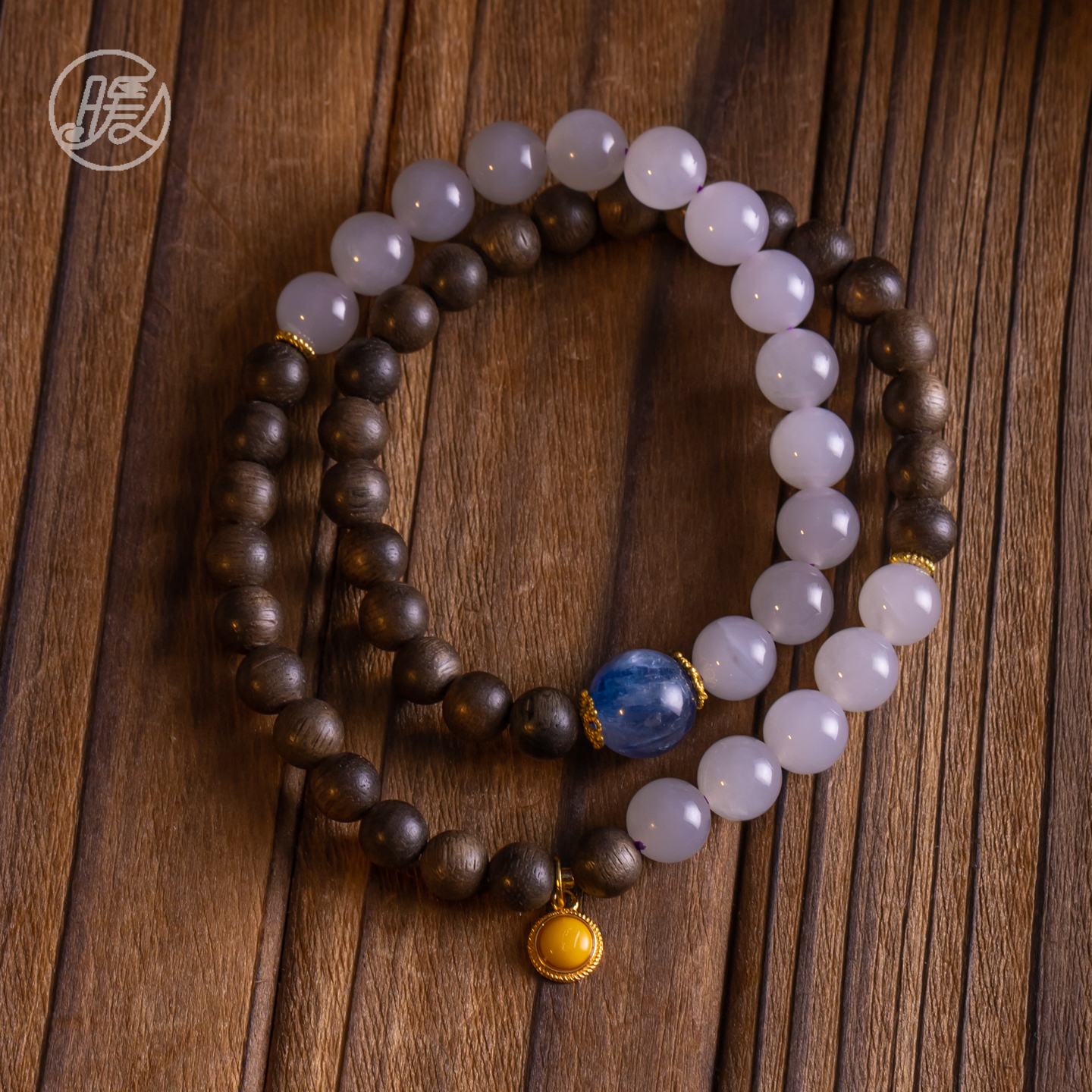双圈和田玉手串搭配蜜蜡圆形吊坠蓝色路路通M349多样性发一