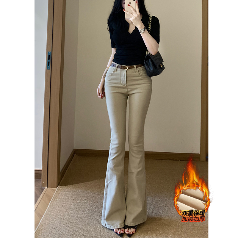老钱风复古加绒简约修身微喇牛仔裤女2025年冬季新款高腰显瘦长裤