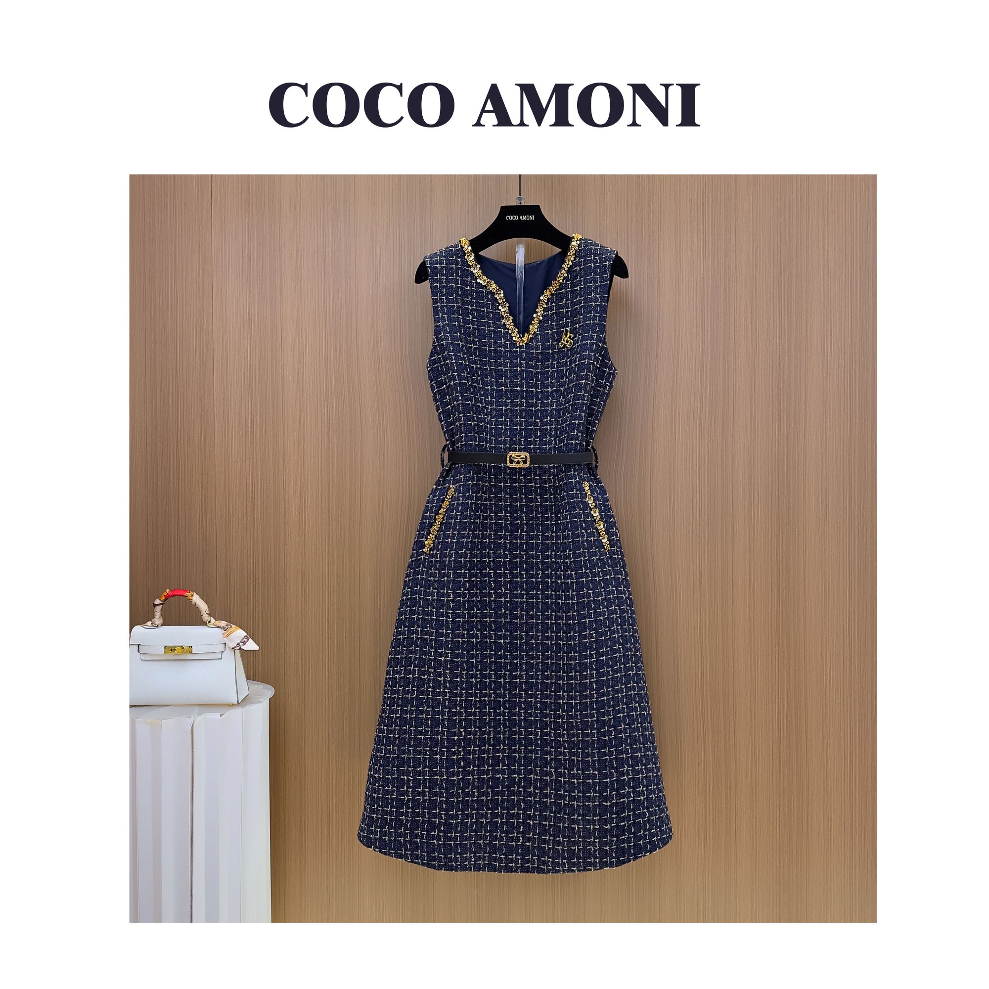 [曼姐]秋冬季轻奢设计师爆款女装拼接收腰显瘦气质连衣裙WXH1154