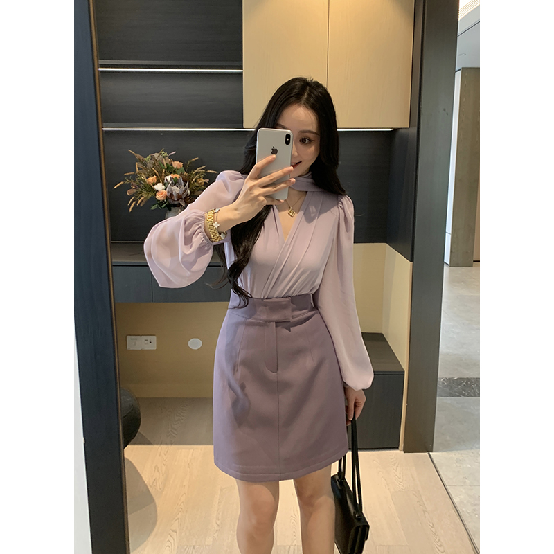 XINYI【紫色韵味】秋季紫色雪纺衬衫+西装半身裙套装女X625A12572