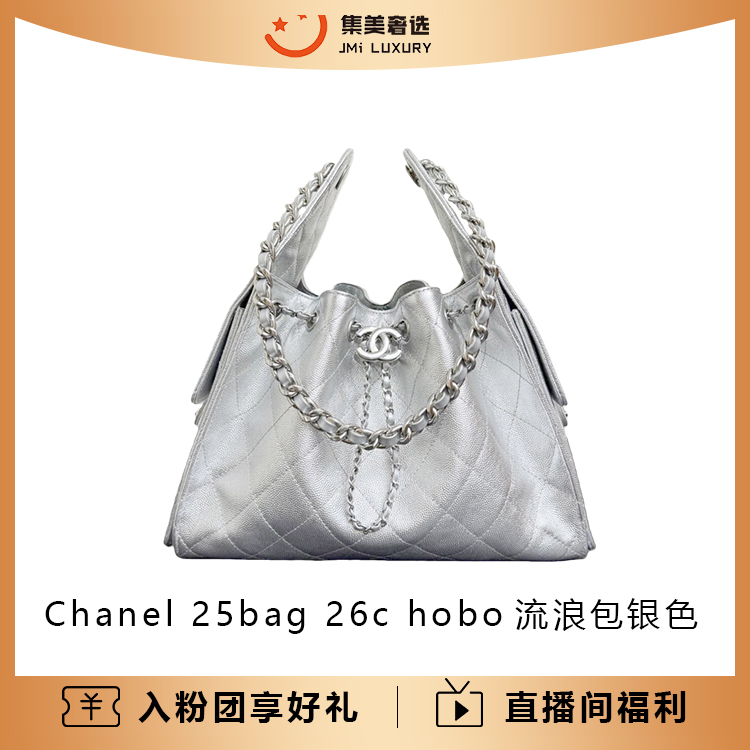 未使用 Chanel/香奈儿 25bag 26c hobo流浪包银色/全新/AM5965
