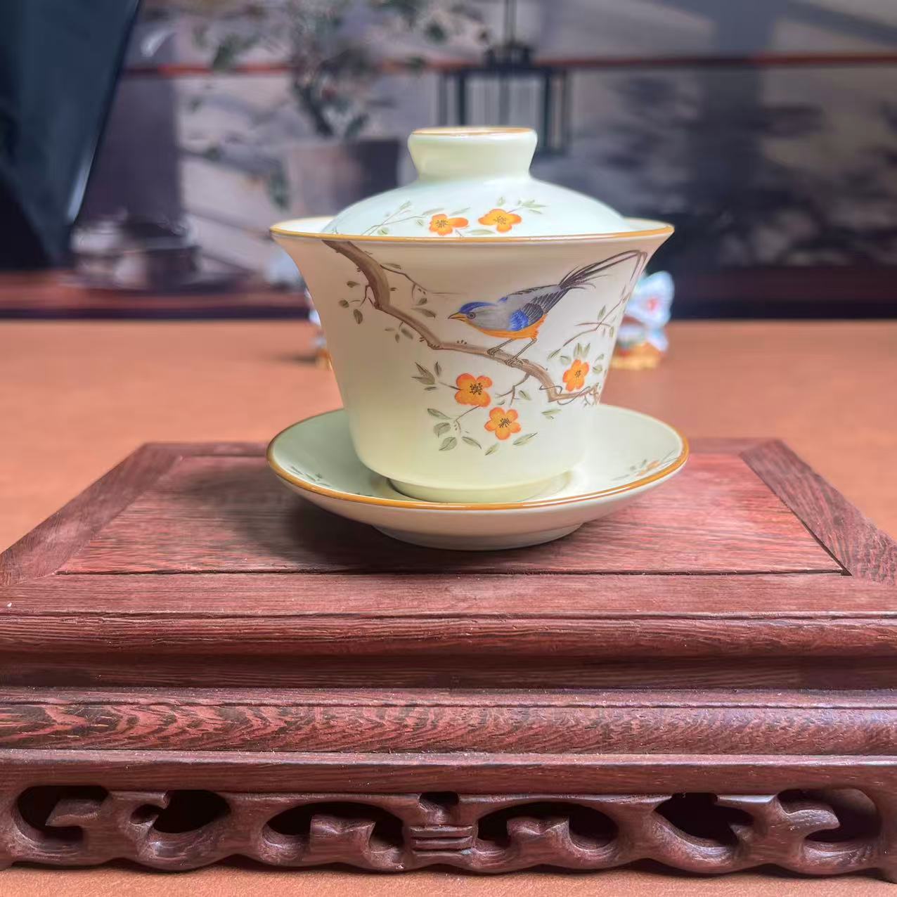 哑光米黄-喜上眉梢-悬停盖碗-6191