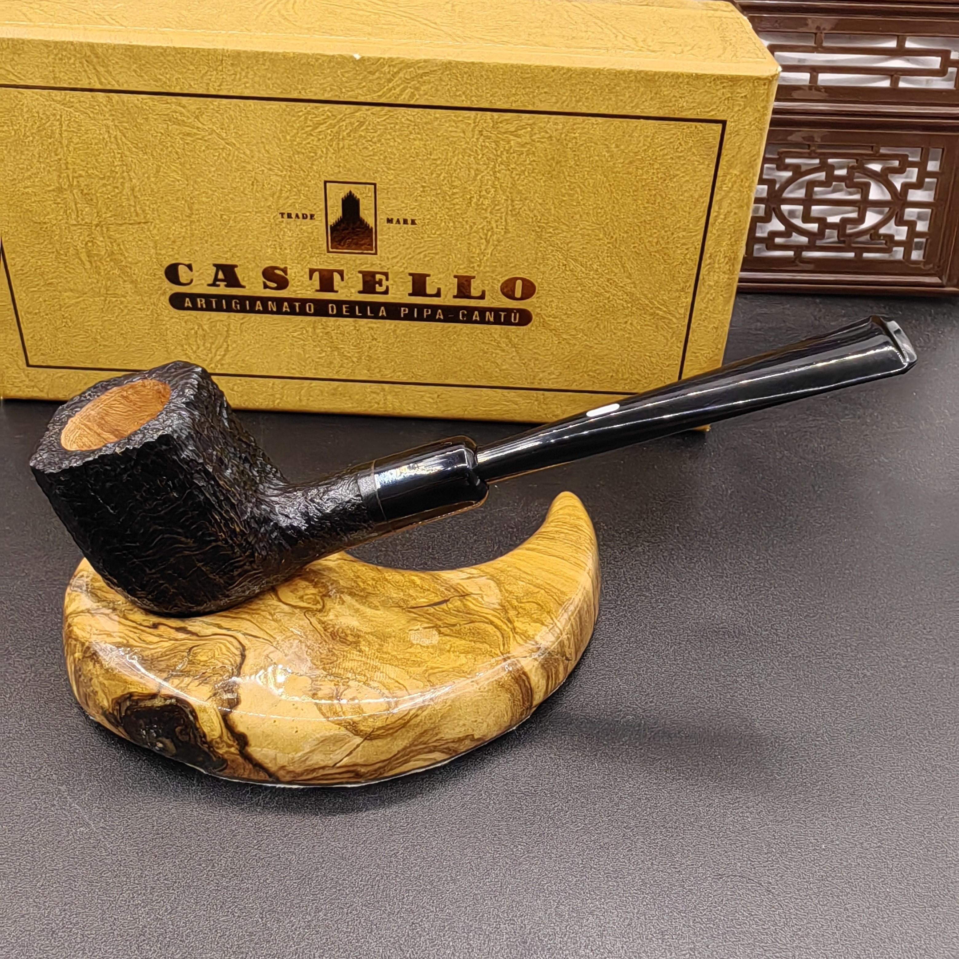 【卡斯特罗】黑色喷砂军叉kk方型罐全新石楠木手工烟斗