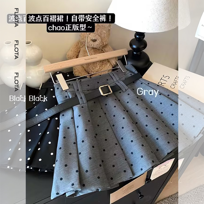 气质复古风波点百褶半身裙自带内衬防走光A字裙配腰带别致短裙女