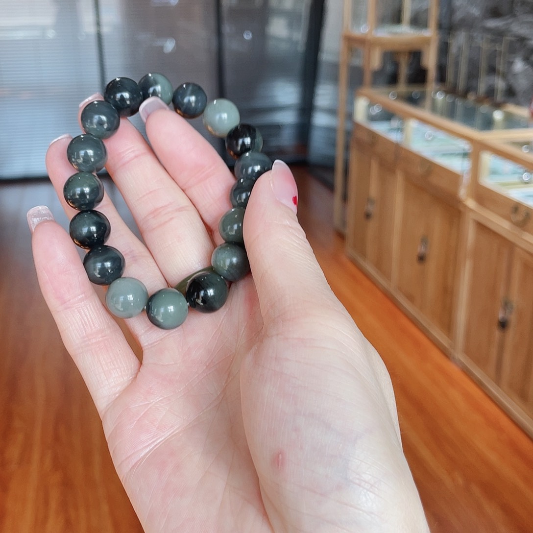 和田玉手串未镶嵌青花卡12圆珠