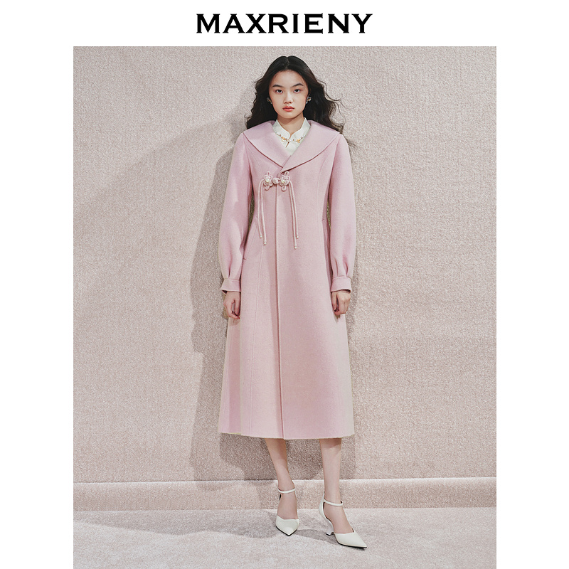 MAXRIENY【商场同款】中式雅韵复古毛呢过膝大衣2025秋冬盘扣外套女