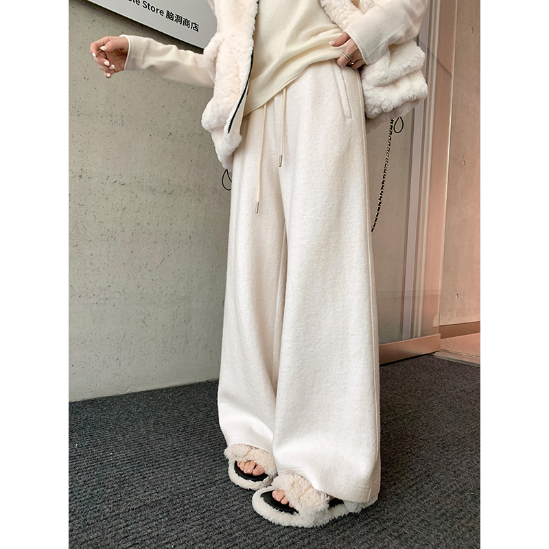 秋冬神裤 羊毛混纺圈圈呢 垂坠感奶白柔光直筒裤C25D16463C