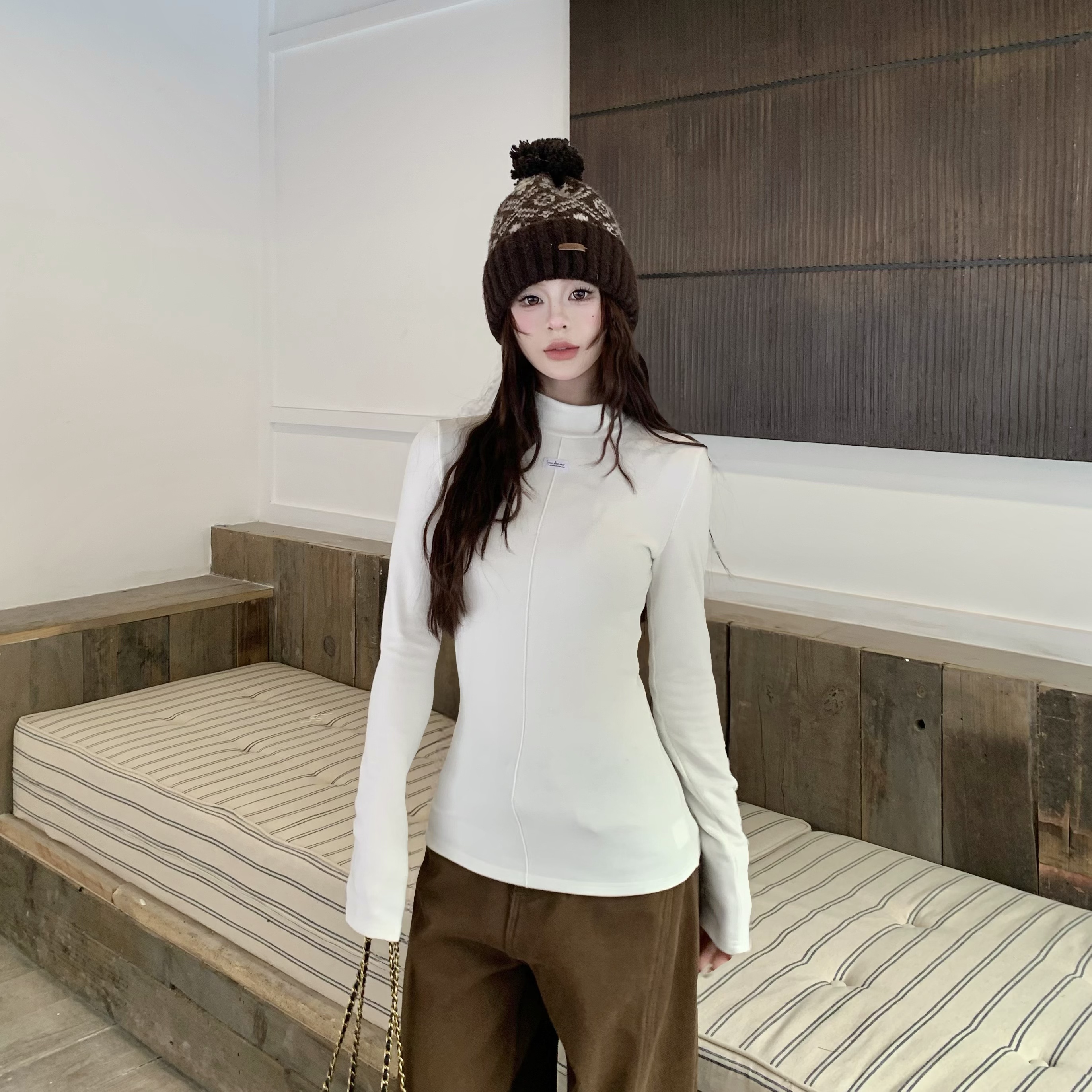 3MER  半高领徳绒显瘦收腰长袖打底T恤