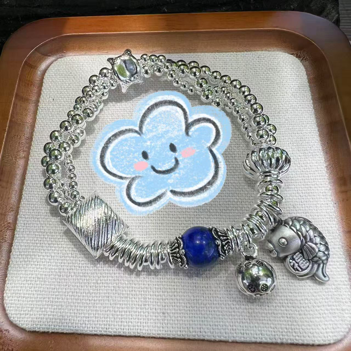 足银手链 足银蓝色珠小鱼个性银手链