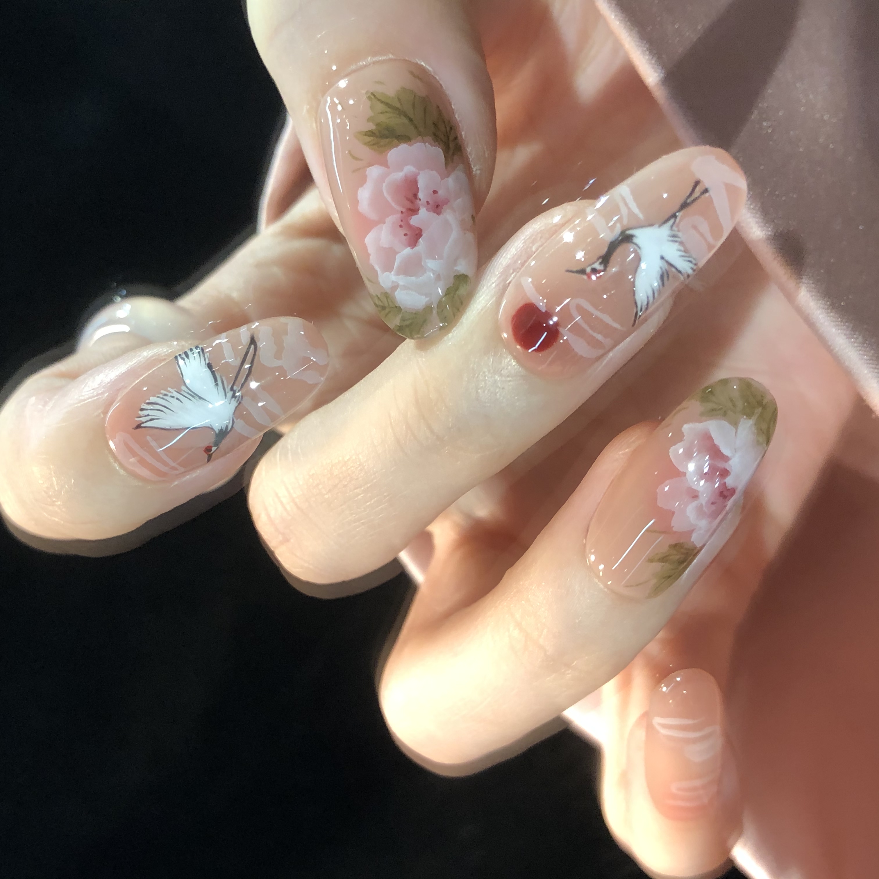 喵公子【洛阳鹤影】【设计师款】纯手工穿戴甲可拆卸美甲光疗甲