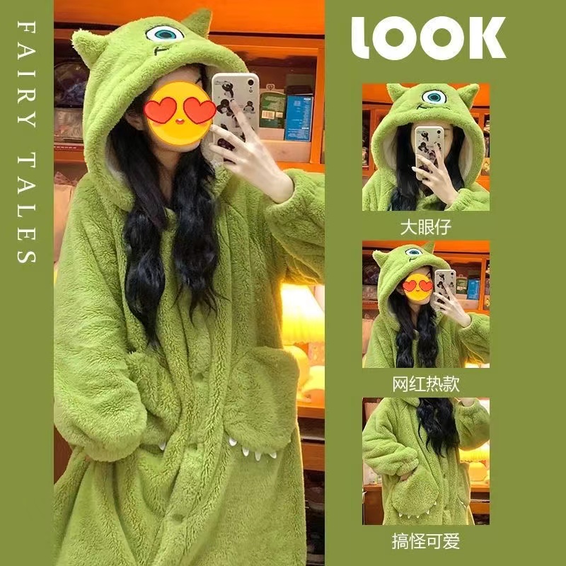 【大眼仔】秋冬加绒加厚中长款睡袍睡袍珊瑚绒睡衣网红家居服外穿1