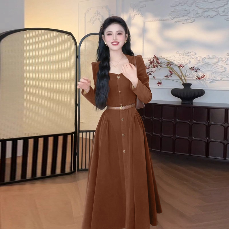 【送腰带】早秋流行穿搭法式复古长袖连衣裙潮QY0055