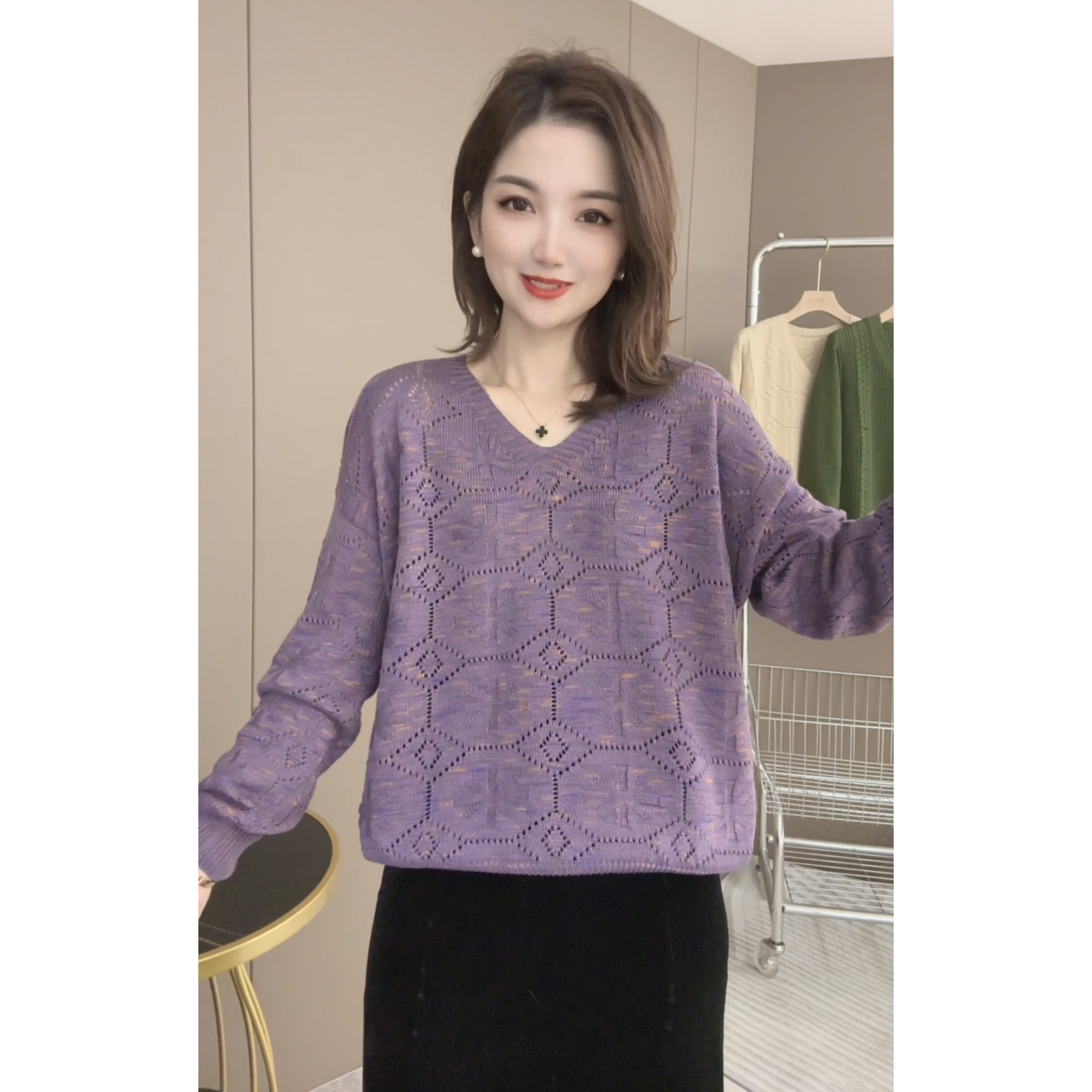 【长袖V领~七彩棉线】2025秋季新款女装韩版宽松V领套头针织衫上衣