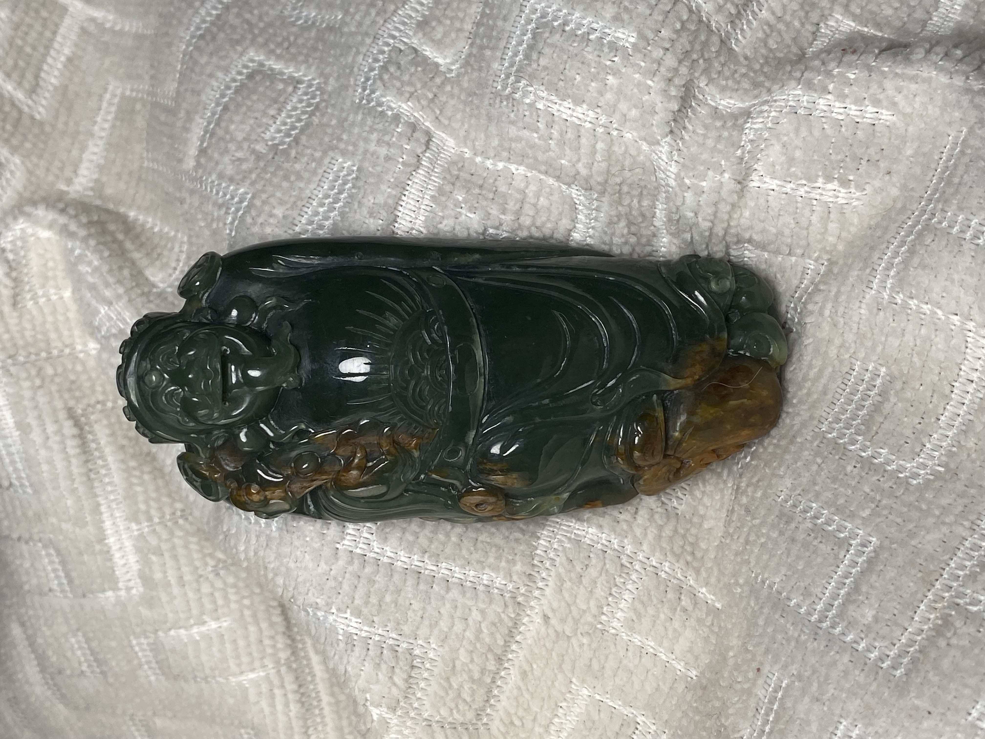 有皮纹 析木河磨玉财神手把件