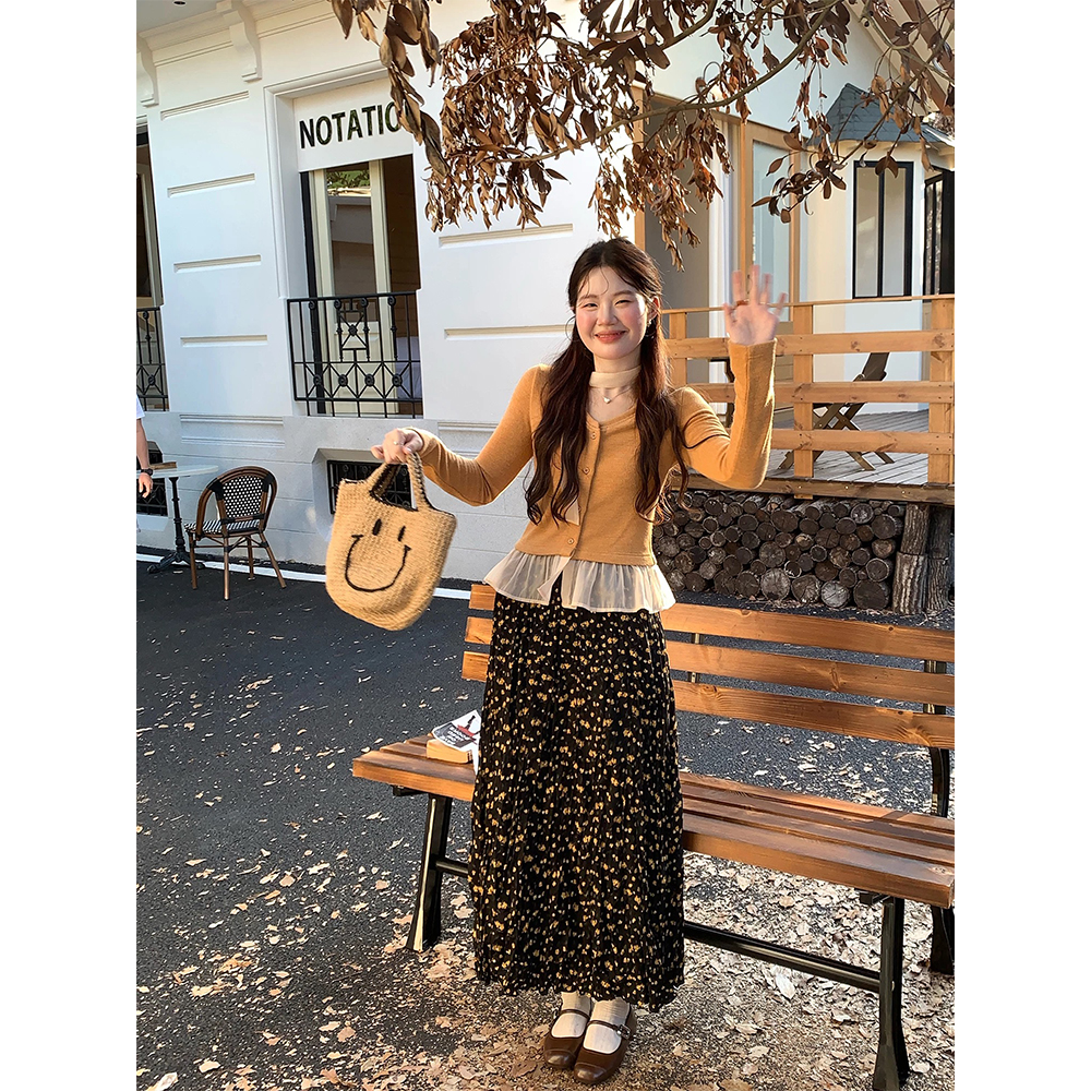 【微甜小调】韩版拼接裙摆针织衫女开衫气质上衣+碎花半身裙22791#