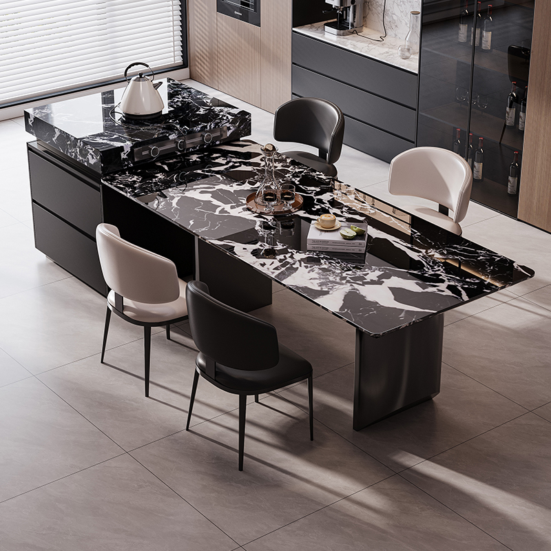 【宝格丽黑】天然奢石岛台餐桌一体现代家用高级感餐厅带水槽中导台