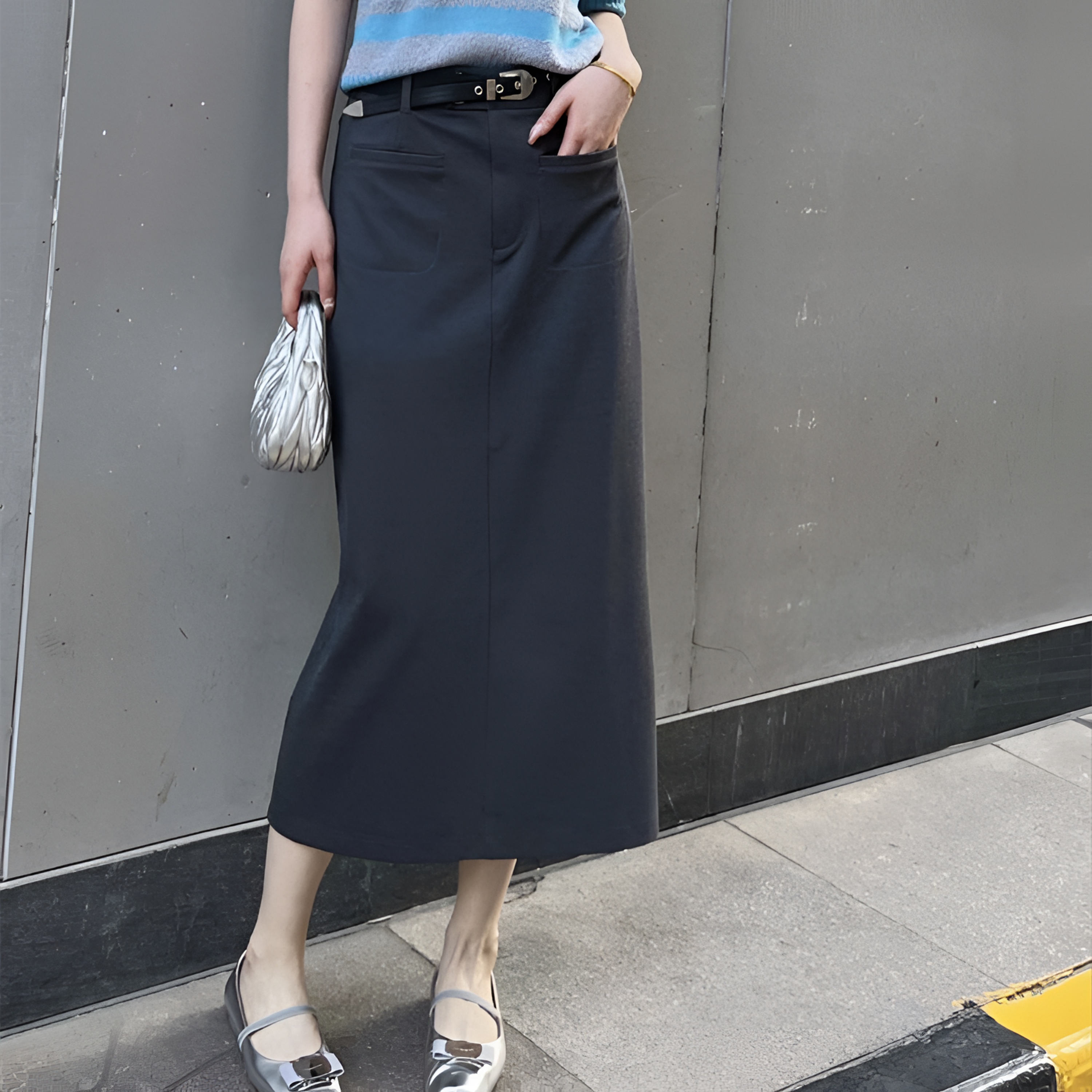 商场同款2025春夏新款显瘦高腰开叉双口袋薄款包臀半身裙1200369