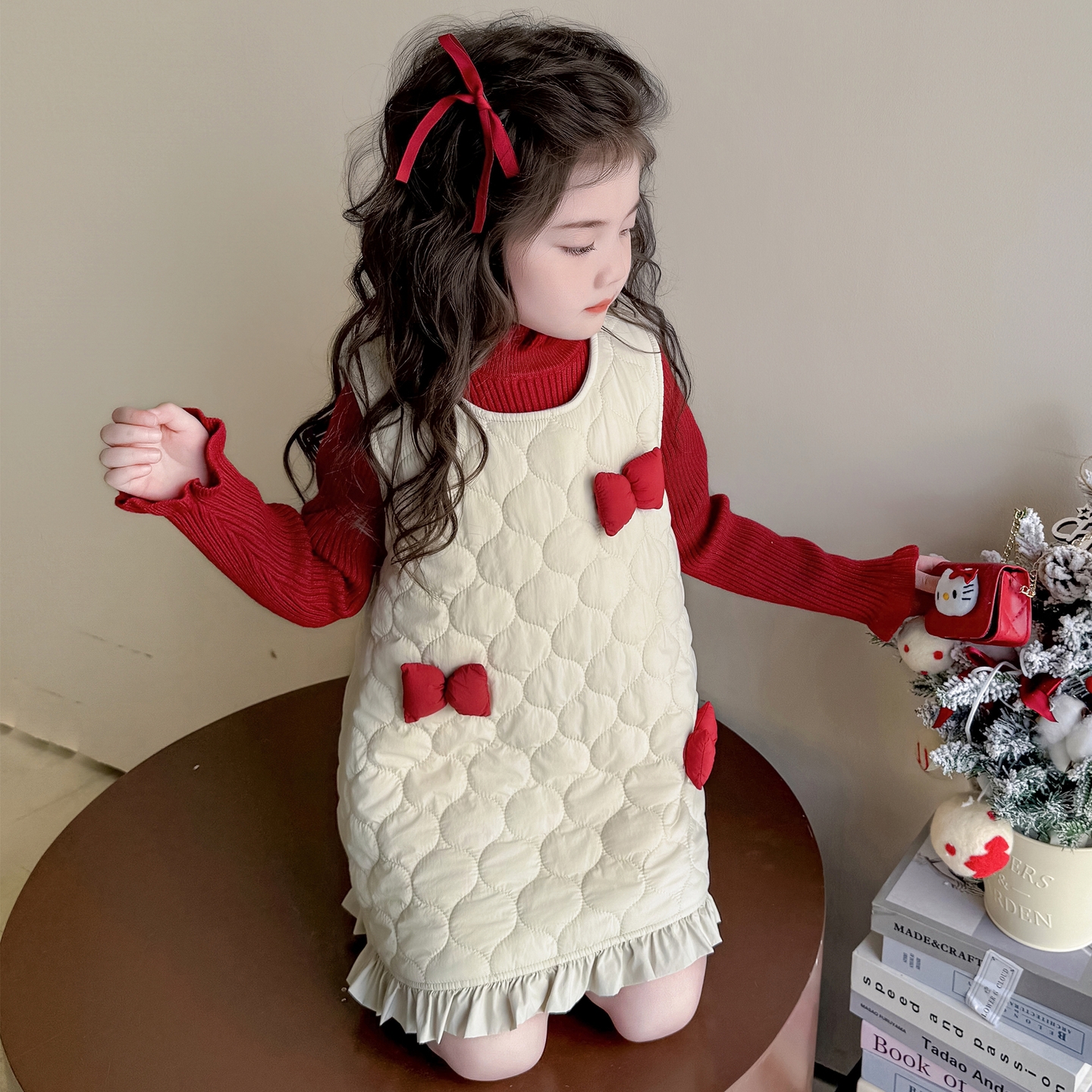 女宝冬款礼服裙2025新款女童冬季夹棉背心裙蝴蝶结毛衣两件套韩版