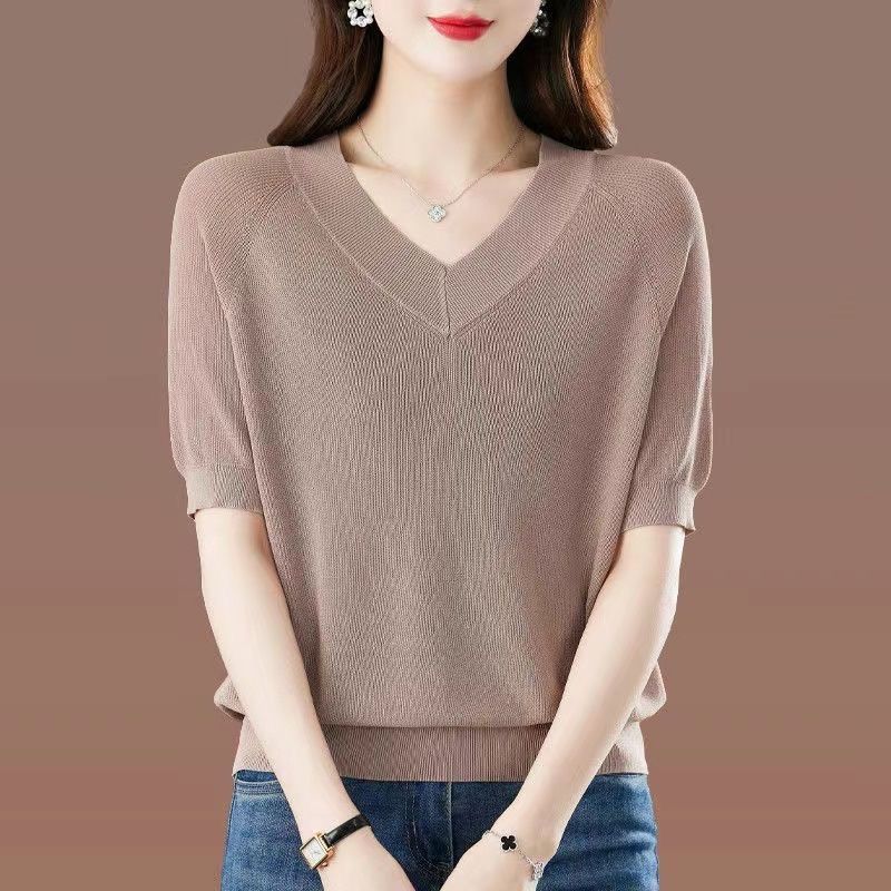 短袖T恤夏季中年妈妈休闲上衣宽松大码薄款透气百搭针织