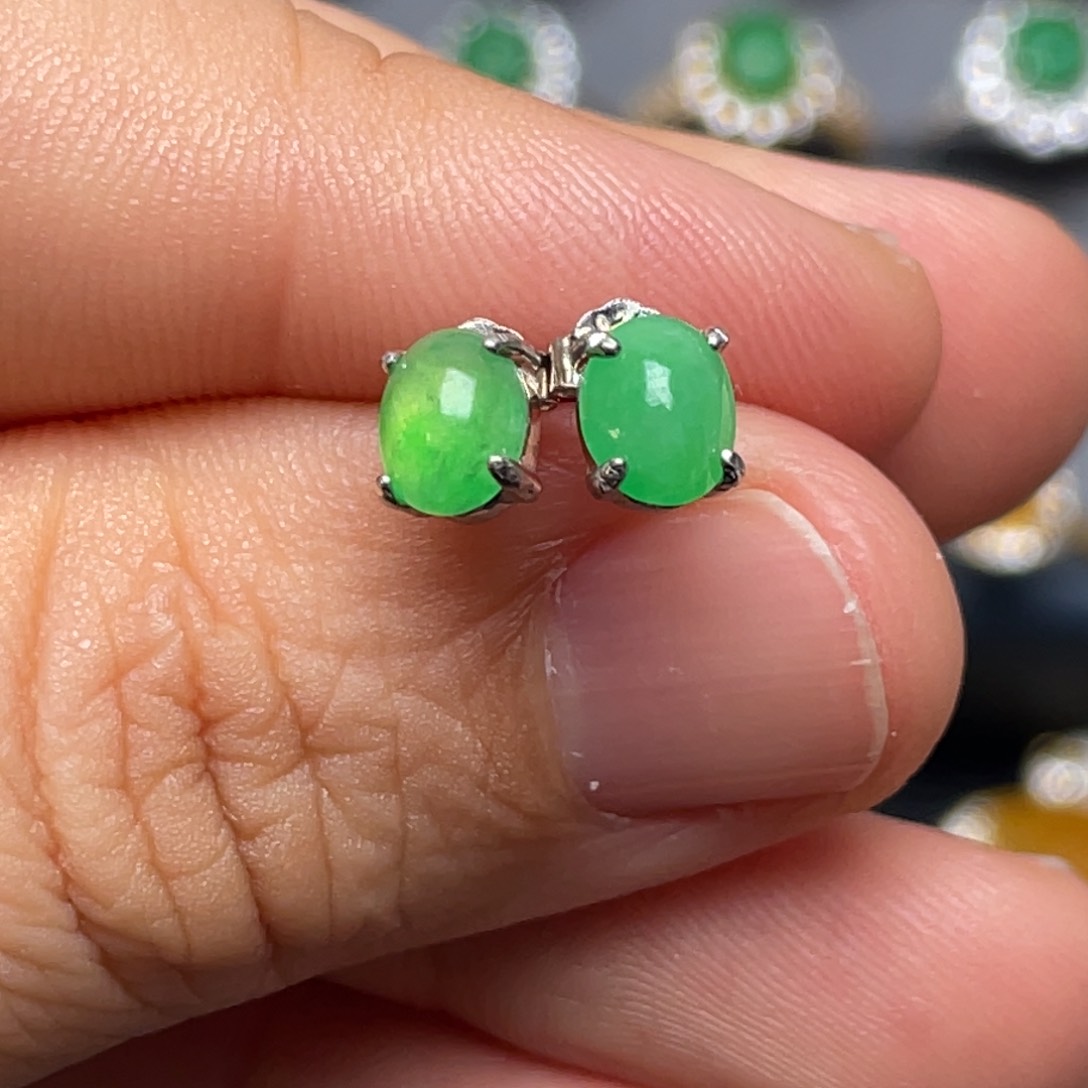 翡翠耳饰银S925镶嵌叮**当纯天然缅甸翡翠