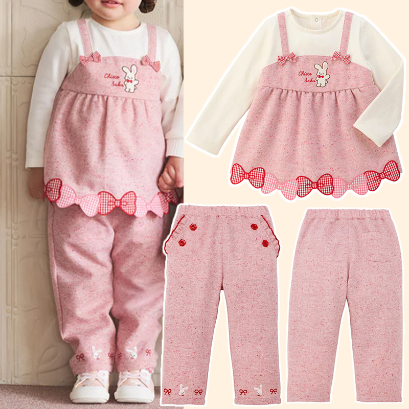 超公主富贵兔蝴蝶结套装~春秋女儿童装卡通CS假两件上衣花边长裤