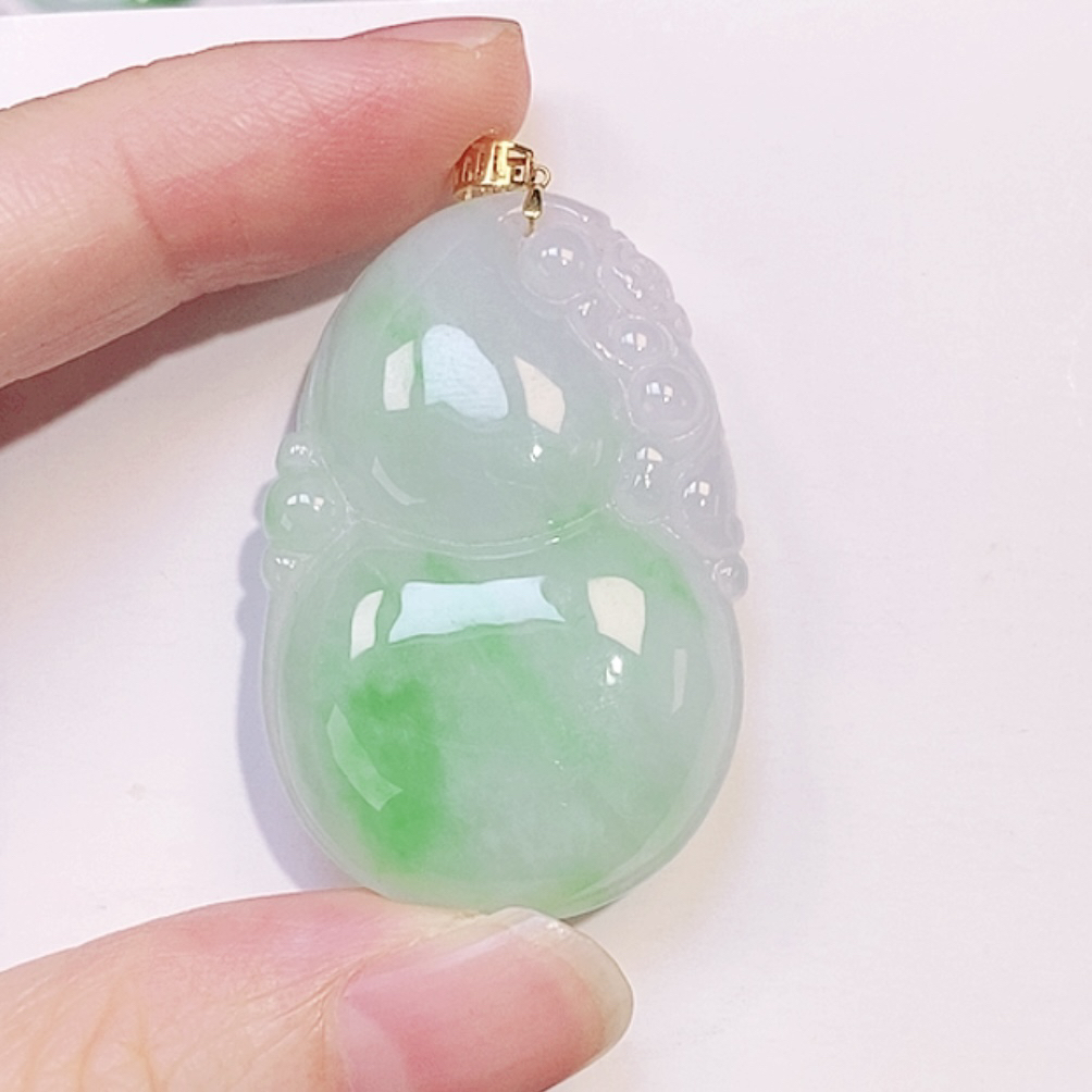 缅甸天然翡翠A货 冰飘花阳绿大葫芦吊坠 毛衣链挂件