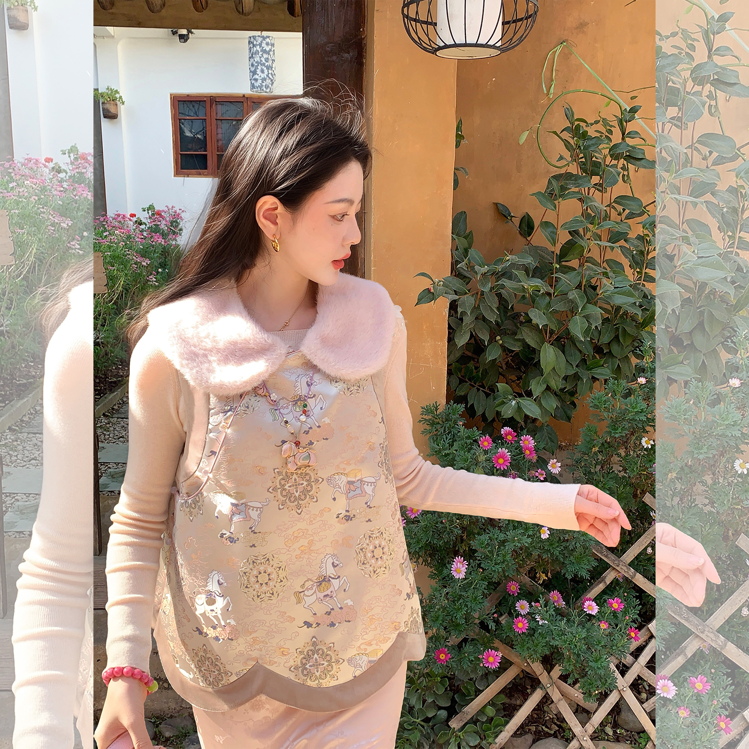 大Eees 马驮福玉 限定私服手工花瓣摆提花夹棉马甲