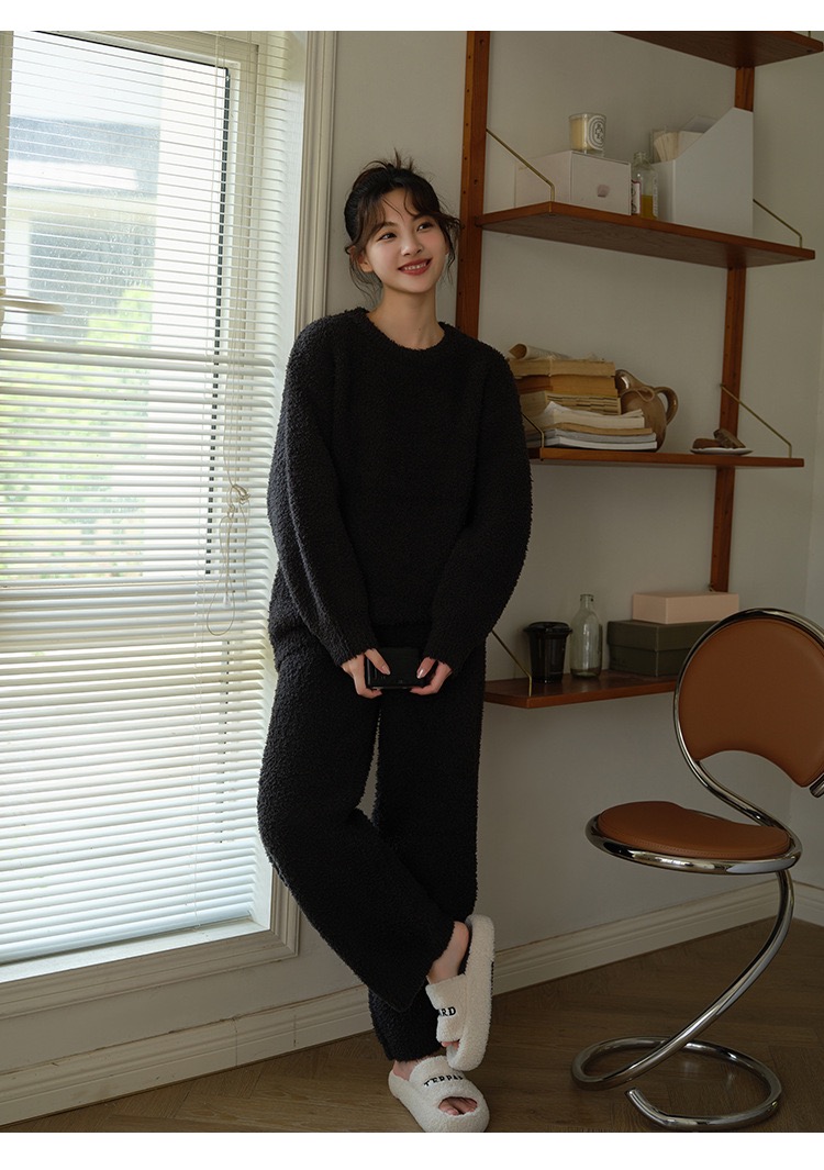 半边绒女慵懒休闲纯色睡衣圆领保暖家居服套装加厚冬季睡衣套装